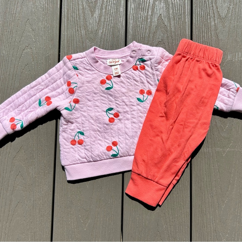 Pink Cherry Sweatshirt and Red Pants Set